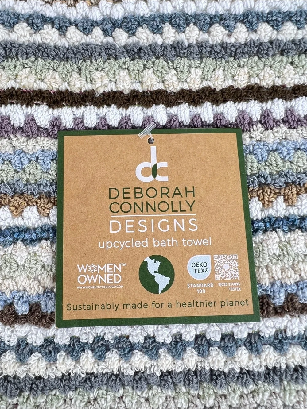 Deborah Connolly Bath Towel Set Striped Brown Green Aqua Cotton 2 Pc Set NEW